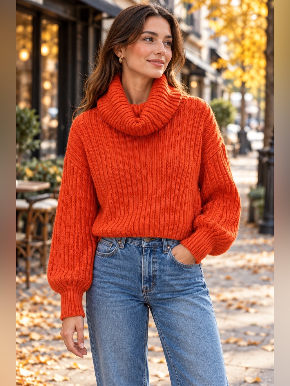 Urban Outfitters Chunky Knit Turtleneck Orange Sweater Cropped Balloon Sleeve S